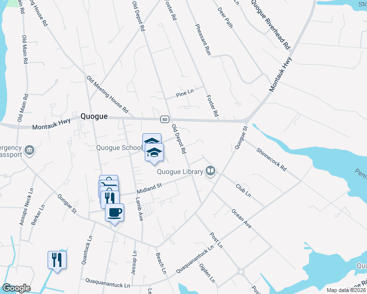 map of restaurants, bars, coffee shops, grocery stores, and more near 90 Old Depot Road in Quogue