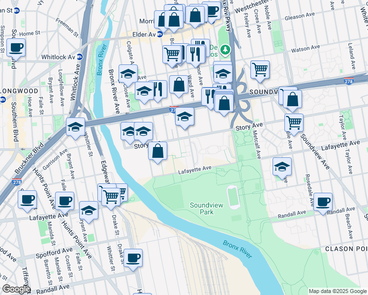 map of restaurants, bars, coffee shops, grocery stores, and more near 875 Boynton Avenue in Bronx