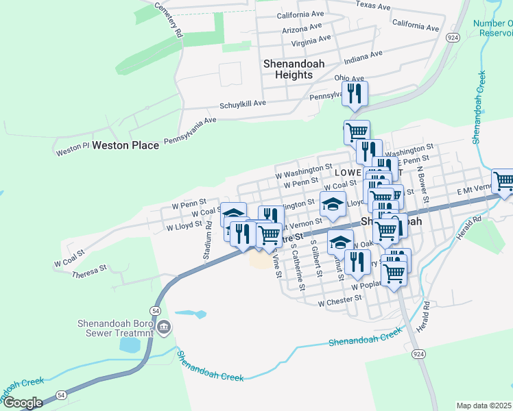 map of restaurants, bars, coffee shops, grocery stores, and more near 612 West Coal Street in Shenandoah