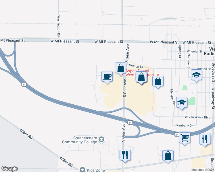 map of restaurants, bars, coffee shops, grocery stores, and more near 525 South Gear Avenue in West Burlington