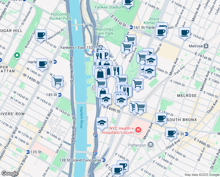 map of restaurants, bars, coffee shops, grocery stores, and more near 590 River Avenue in The Bronx
