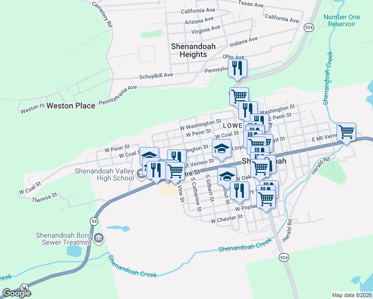 map of restaurants, bars, coffee shops, grocery stores, and more near 123 North Catherine Street in Shenandoah