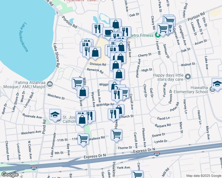 map of restaurants, bars, coffee shops, grocery stores, and more near 23 Lakewood Road in Ronkonkoma