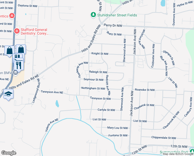 map of restaurants, bars, coffee shops, grocery stores, and more near 1369 Seymour Street Northwest in Massillon