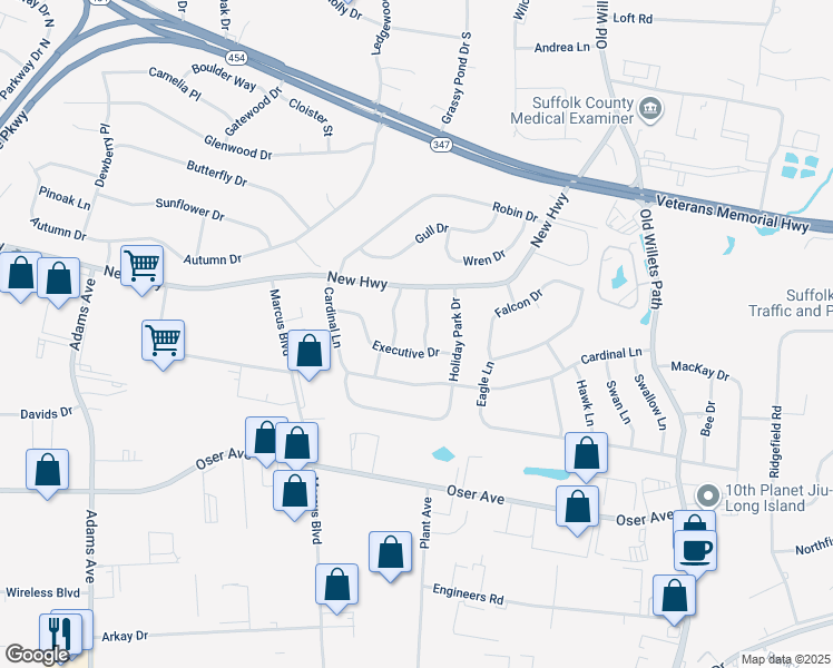 map of restaurants, bars, coffee shops, grocery stores, and more near 12 Leeland Drive in Hauppauge