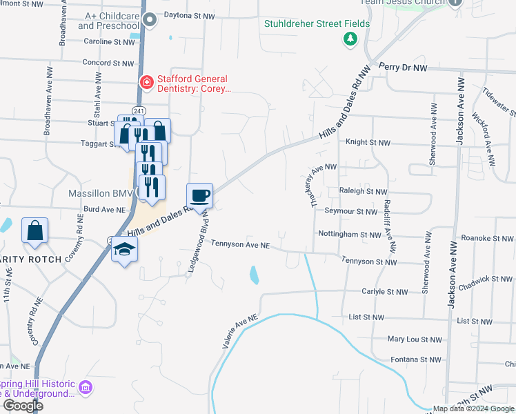 map of restaurants, bars, coffee shops, grocery stores, and more near 2000 Sherman Circle Northeast in Massillon