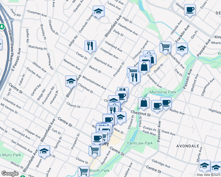 map of restaurants, bars, coffee shops, grocery stores, and more near 26 Mountainview Avenue in Nutley