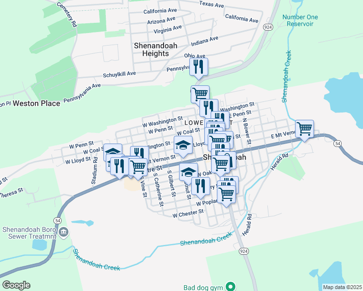 map of restaurants, bars, coffee shops, grocery stores, and more near 237 West Lloyd Street in Shenandoah