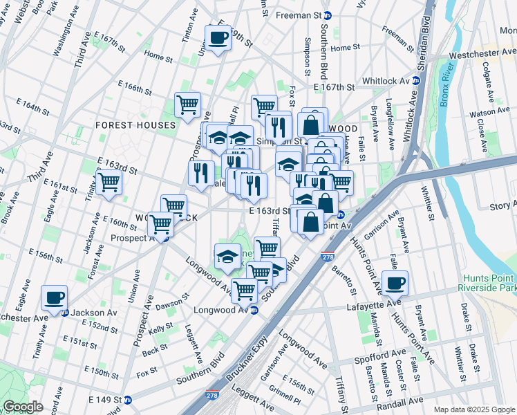 map of restaurants, bars, coffee shops, grocery stores, and more near 949e Kelly Street in Bronx