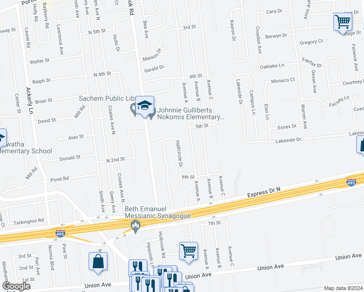 map of restaurants, bars, coffee shops, grocery stores, and more near 23 Halfcircle Drive in Holbrook