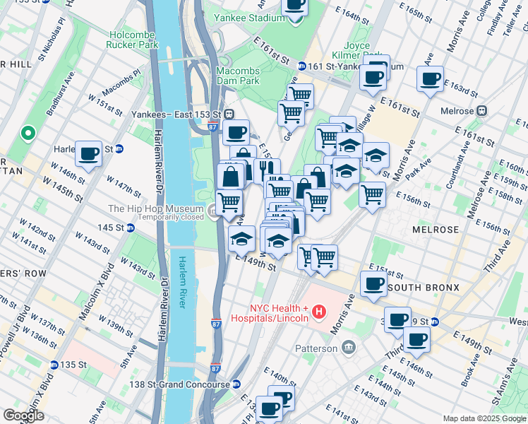 map of restaurants, bars, coffee shops, grocery stores, and more near 639 Walton Avenue in Bronx