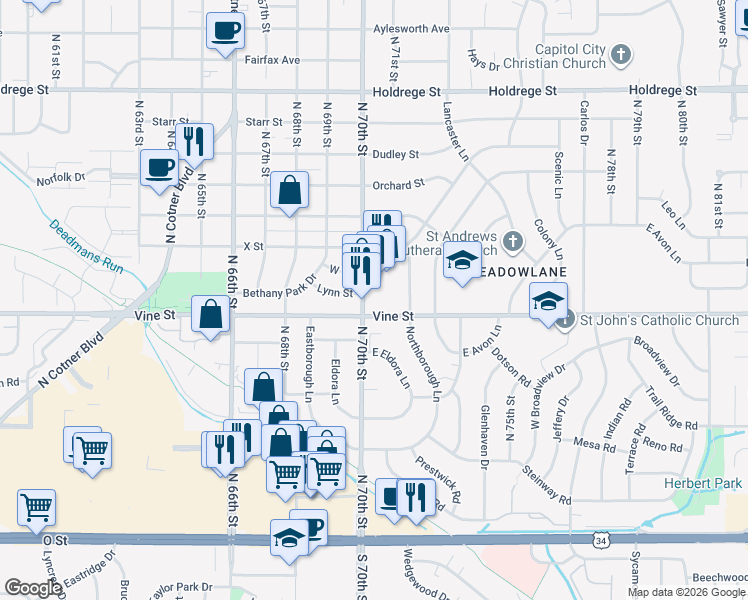 map of restaurants, bars, coffee shops, grocery stores, and more near 840 North 70th Street in Lincoln