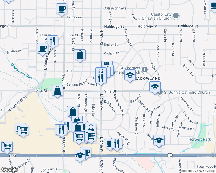 map of restaurants, bars, coffee shops, grocery stores, and more near 840 North 70th Street in Lincoln