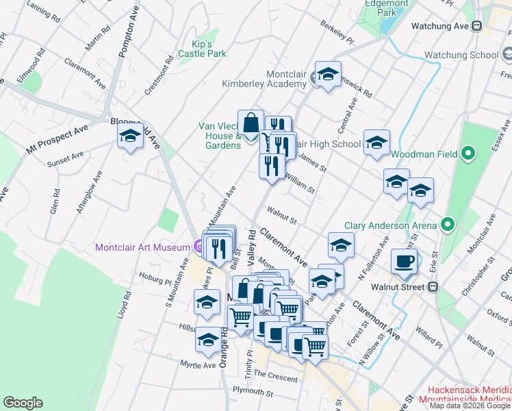 map of restaurants, bars, coffee shops, grocery stores, and more near 315 Claremont Avenue in Montclair