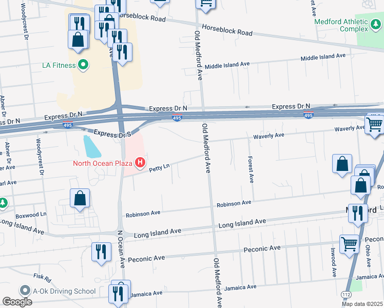 map of restaurants, bars, coffee shops, grocery stores, and more near 39 Petty Lane in Medford