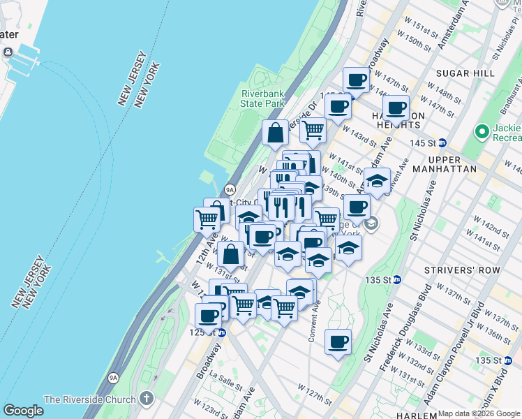 map of restaurants, bars, coffee shops, grocery stores, and more near 622 West 136th Street in New York
