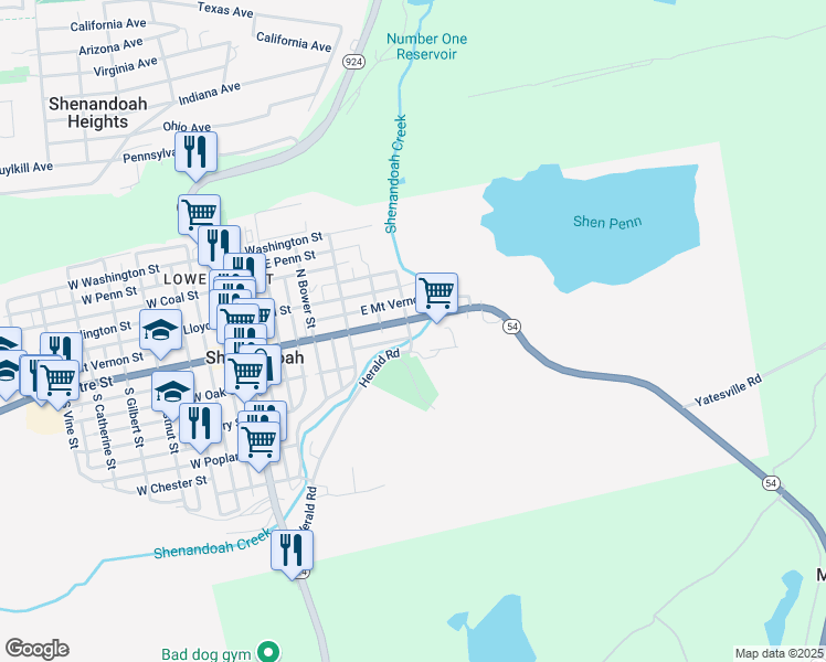 map of restaurants, bars, coffee shops, grocery stores, and more near 15 South Bridge Street in Shenandoah