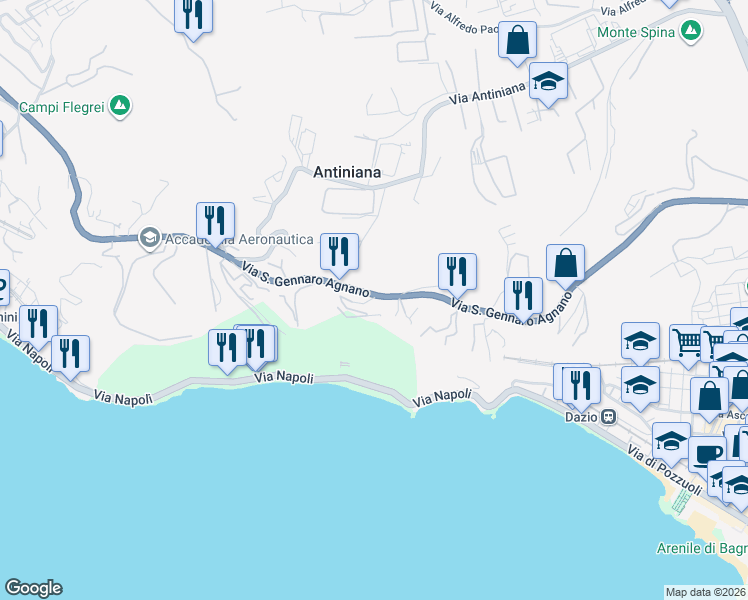 map of restaurants, bars, coffee shops, grocery stores, and more near 59 Via San Gennaro Agnano in Pozzuoli