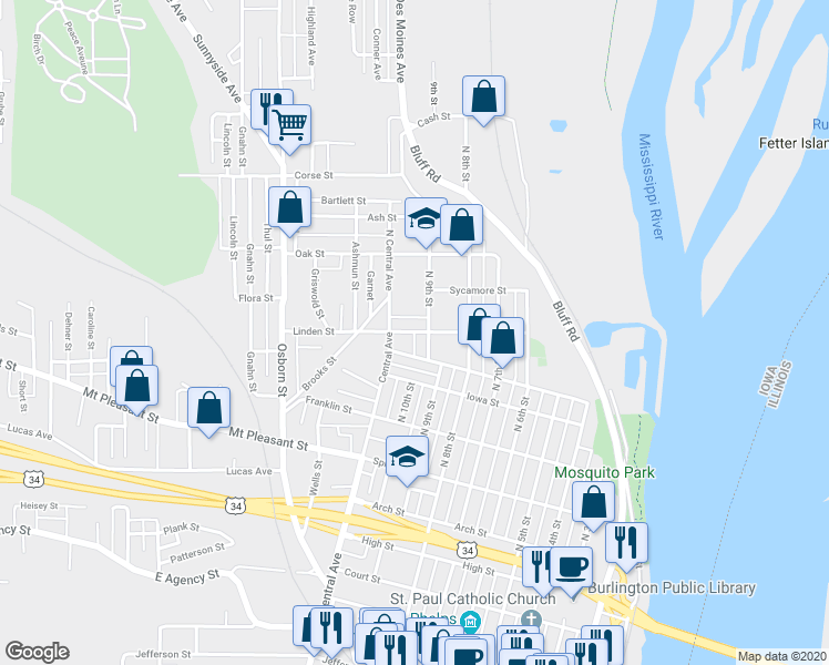 map of restaurants, bars, coffee shops, grocery stores, and more near 902 Linden Street in Burlington