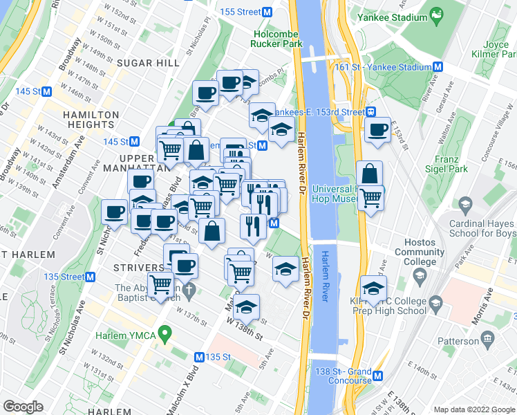 map of restaurants, bars, coffee shops, grocery stores, and more near 133 West 145th Street in New York