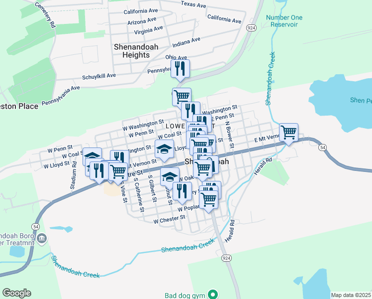 map of restaurants, bars, coffee shops, grocery stores, and more near 37 North Jardin Street in Shenandoah