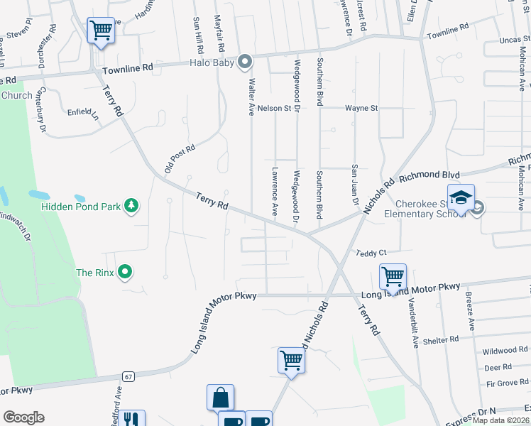 map of restaurants, bars, coffee shops, grocery stores, and more near 785 Terry Road in Hauppauge