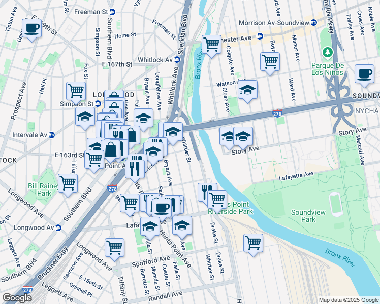map of restaurants, bars, coffee shops, grocery stores, and more near 1350 Garrison Avenue in The Bronx