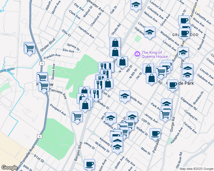 map of restaurants, bars, coffee shops, grocery stores, and more near 497 Jersey Avenue in Fairview