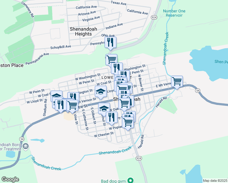 map of restaurants, bars, coffee shops, grocery stores, and more near 37 North Jardin Street in Shenandoah