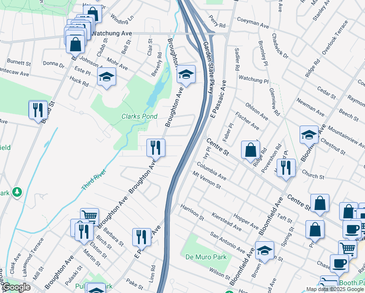 map of restaurants, bars, coffee shops, grocery stores, and more near 32 Dewey Street in Bloomfield