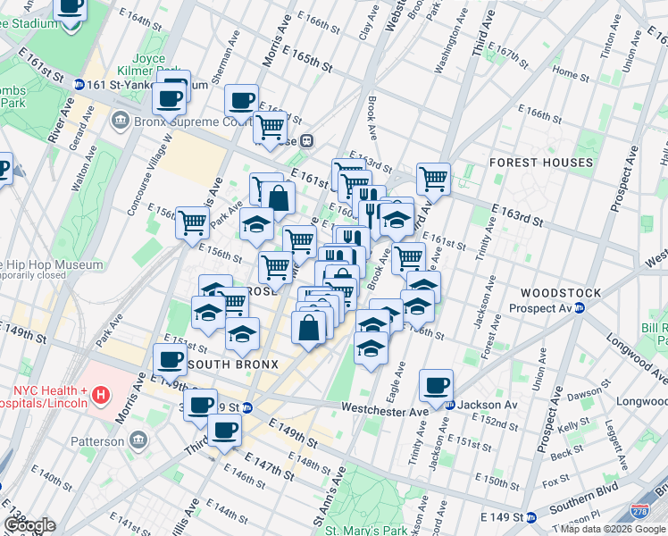 map of restaurants, bars, coffee shops, grocery stores, and more near Elton Ave & E 157th St in Bronx