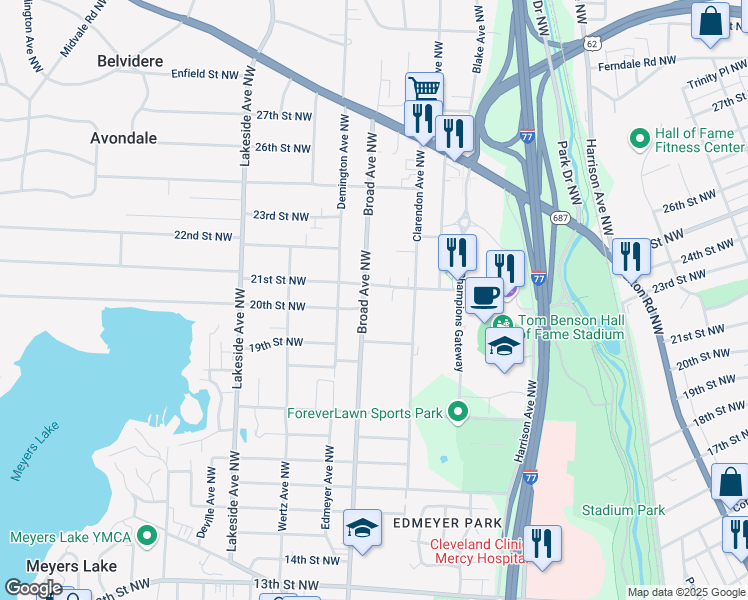 map of restaurants, bars, coffee shops, grocery stores, and more near 2008 Broad Avenue Northwest in Canton