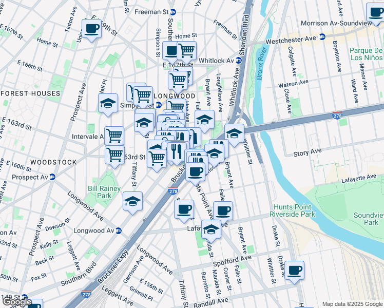 map of restaurants, bars, coffee shops, grocery stores, and more near 1021 Bruckner Boulevard in The Bronx