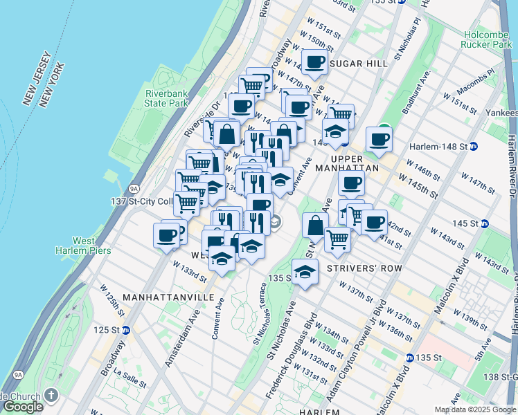 map of restaurants, bars, coffee shops, grocery stores, and more near 1579 Amsterdam Avenue in New York