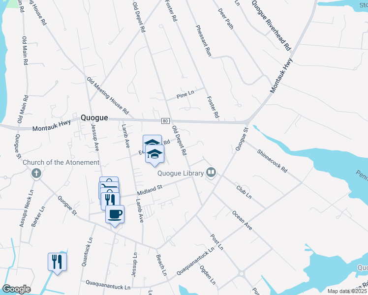 map of restaurants, bars, coffee shops, grocery stores, and more near 90 Old Depot Road in Quogue
