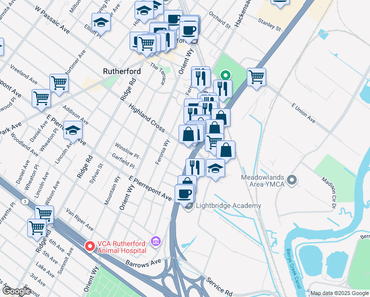 map of restaurants, bars, coffee shops, grocery stores, and more near 178 Highland Cross in Rutherford