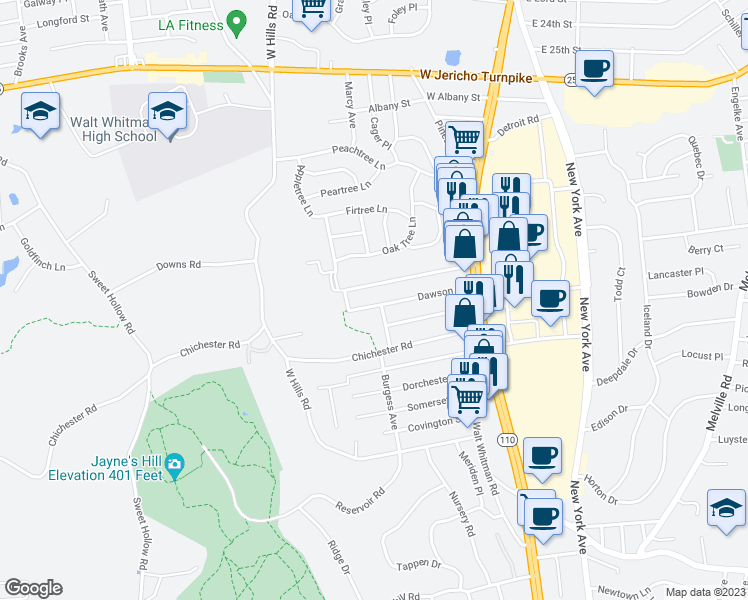 map of restaurants, bars, coffee shops, grocery stores, and more near 45 Dawson Street in Huntington Station