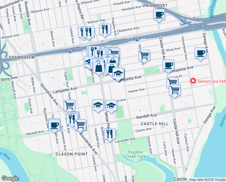 map of restaurants, bars, coffee shops, grocery stores, and more near 1980 Lafayette Avenue in The Bronx