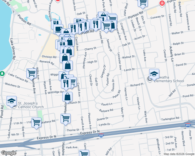 map of restaurants, bars, coffee shops, grocery stores, and more near 11 Gail Drive in Lake Ronkonkoma