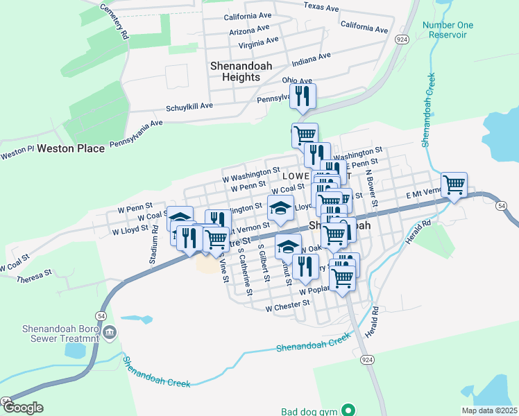 map of restaurants, bars, coffee shops, grocery stores, and more near 330 West Arlington Street in Shenandoah