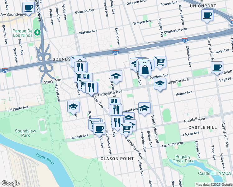 map of restaurants, bars, coffee shops, grocery stores, and more near 1810 Lafayette Avenue in Bronx