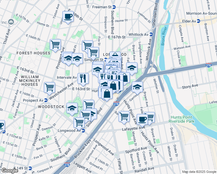 map of restaurants, bars, coffee shops, grocery stores, and more near 1009 East 163rd Street in The Bronx