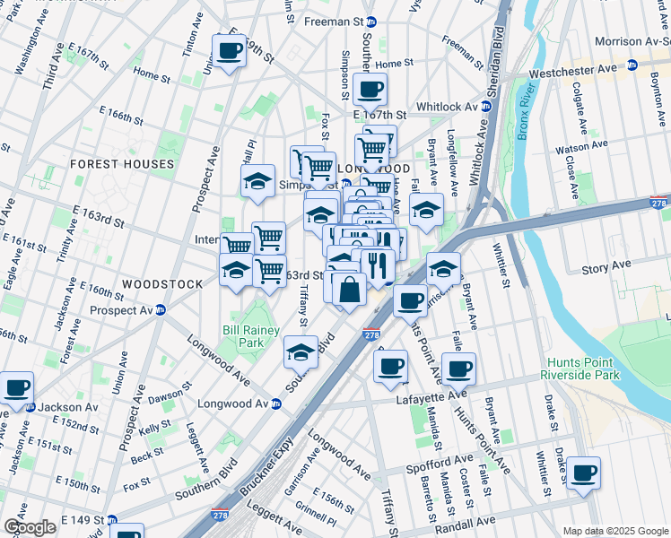 map of restaurants, bars, coffee shops, grocery stores, and more near 1009 East 163rd Street in The Bronx