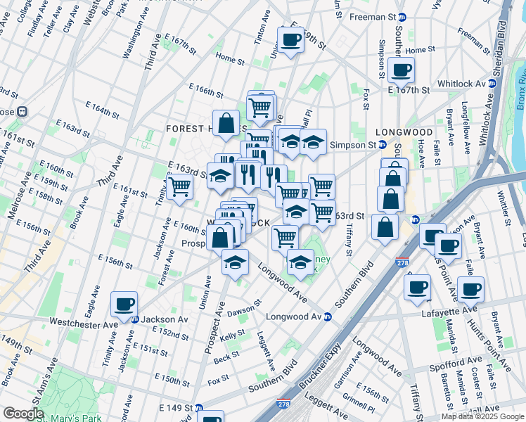 map of restaurants, bars, coffee shops, grocery stores, and more near 900 Prospect Avenue in Bronx