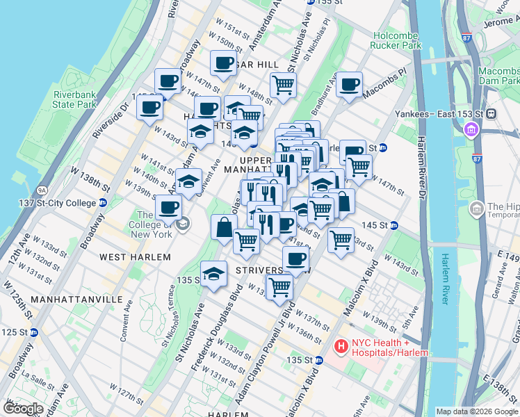 map of restaurants, bars, coffee shops, grocery stores, and more near in New York