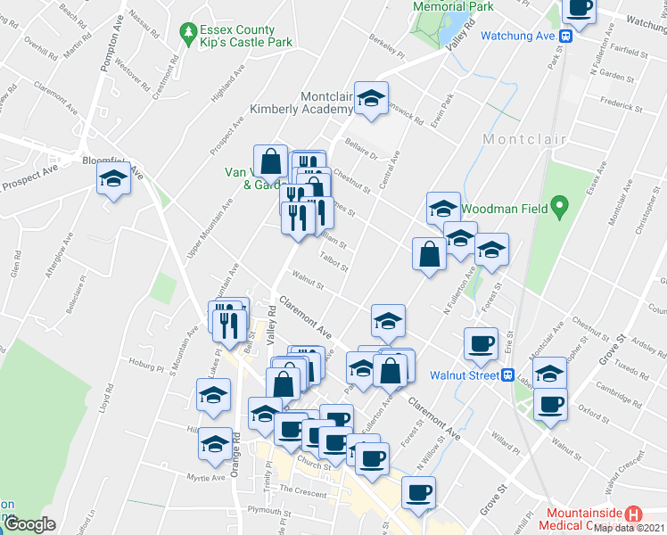 map of restaurants, bars, coffee shops, grocery stores, and more near 13 Talbot Street in Montclair