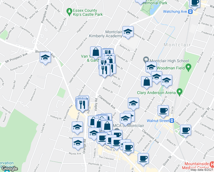 map of restaurants, bars, coffee shops, grocery stores, and more near 224 Walnut Street in Montclair