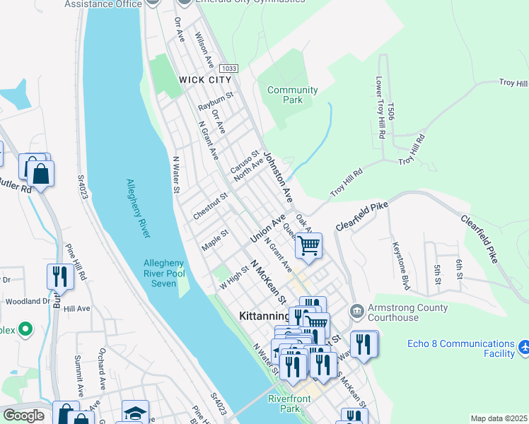 map of restaurants, bars, coffee shops, grocery stores, and more near 518 North Grant Avenue in Kittanning