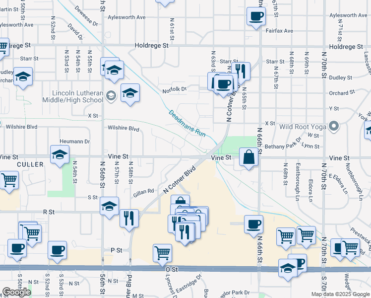 map of restaurants, bars, coffee shops, grocery stores, and more near 6100 Vine Street in Lincoln