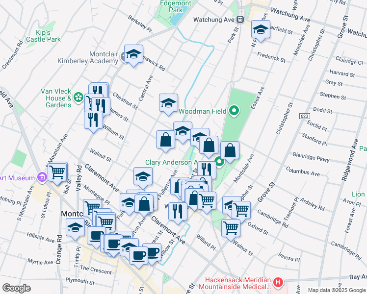 map of restaurants, bars, coffee shops, grocery stores, and more near 176 North Fullerton Avenue in Montclair